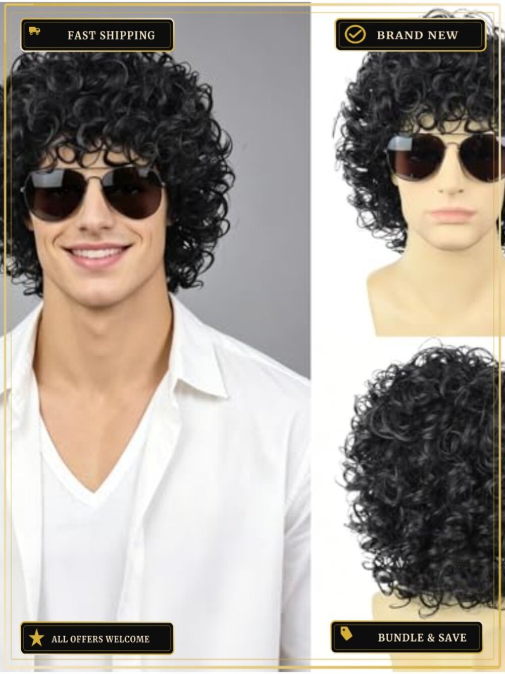 Mens Curly Wig Glasses Wig Cap Set Synthetic Rocker Punk Costume Party